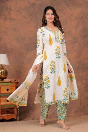 Cotton straight kurti,pant, dupatta sets
