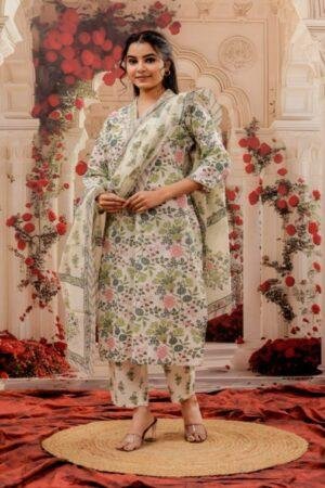 Floral Print Dupatta Set With V Neck