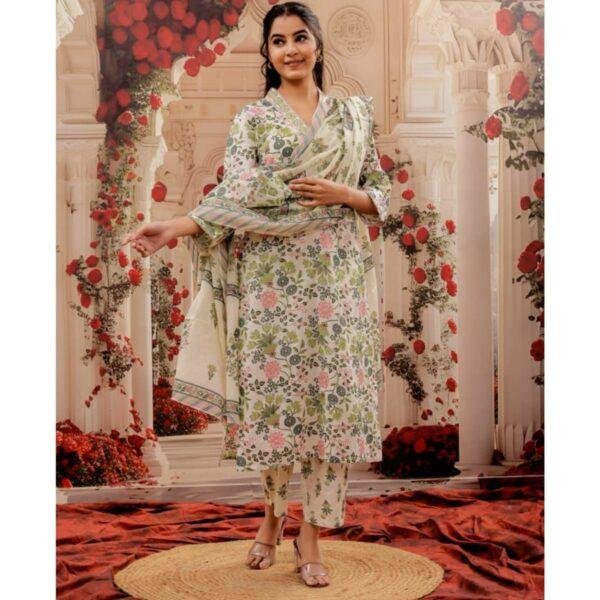 Floral Print Dupatta Set With V Neck - Image 3