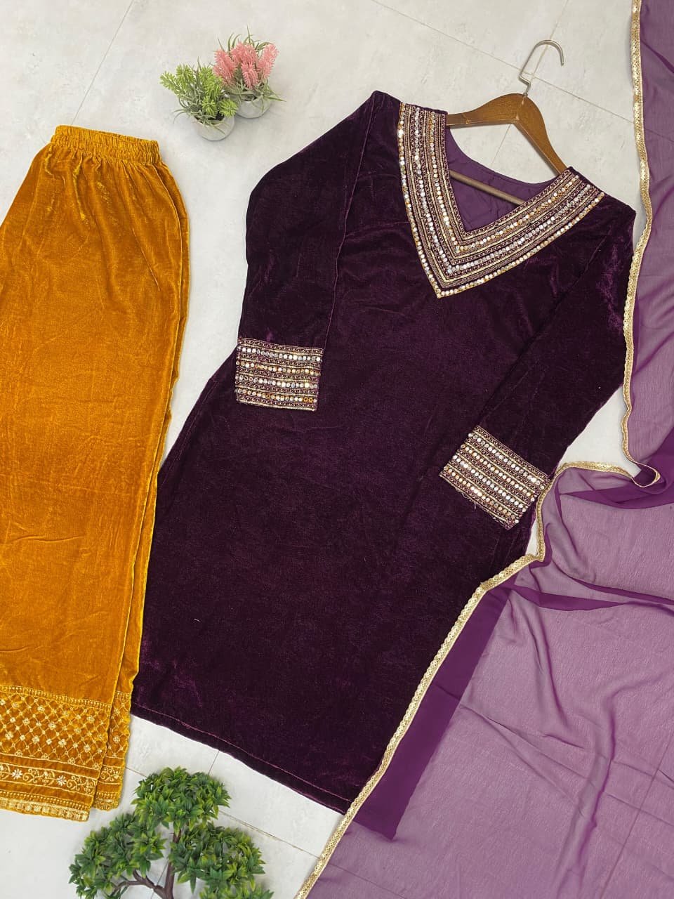 Premium Velvet Winter 3-Piece Palazzo Set | - Image 4